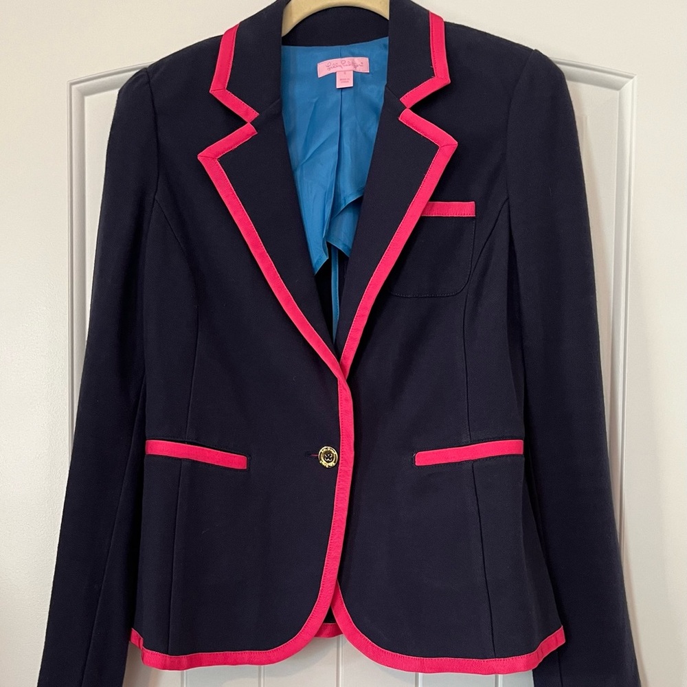 Lilly Pulitzer navy blazer with pink trim